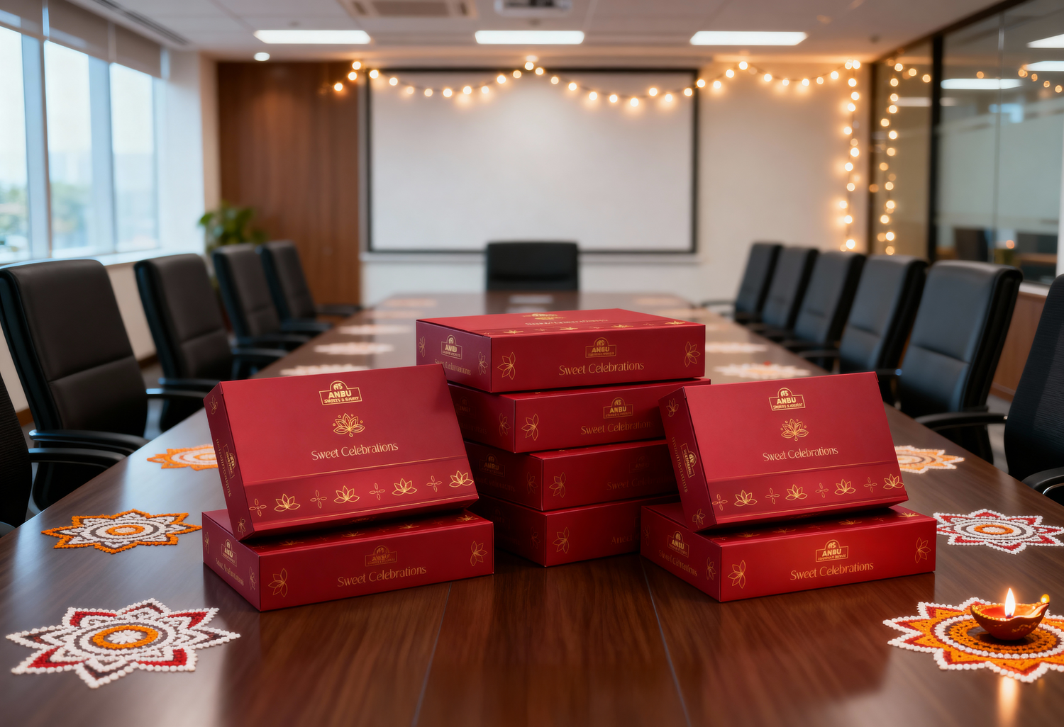 Red boxes stacked on a conference table with decorative items in a room.